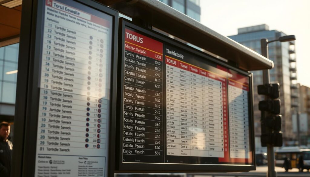 A detailed, neatly organized bus schedule board set against the backdrop of a modern, bustling urban landscape. The board displays the routes, destinations, and departure times of the Toruń municipal transit system (MZK) in a clear, easy-to-read format. The scene is illuminated by warm, natural lighting, casting soft shadows and highlights that add depth and dimension. The overall atmosphere conveys a sense of efficiency, reliability, and the vibrant energy of the city. The image captures the practical information travelers would need to navigate the local public transportation network. A detailed, neatly organized bus schedule board set against the backdrop of a modern, bustling urban landscape. The board displays the routes, destinations, and departure times of the Toruń municipal transit system (MZK) in a clear, easy-to-read format. The scene is illuminated by warm, natural lighting, casting soft shadows and highlights that add depth and dimension. The overall atmosphere conveys a sense of efficiency, reliability, and the vibrant energy of the city. The image captures the practical information travelers would need to navigate the local public transportation network.