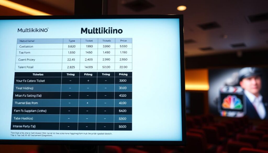 A detailed, neatly organized pricing list for Multikino movie tickets, displayed on a sleek, modern digital screen. The foreground showcases the various ticket types and their corresponding prices, with clear visual hierarchy and legible typography. The middle ground features subtle branding elements like the Multikino logo, while the background evokes a cinematic atmosphere with soft, warm lighting, and a blurred view of an interior theater space. The overall mood is informative yet visually appealing, designed to clearly communicate the ticket pricing structure to potential moviegoers.
