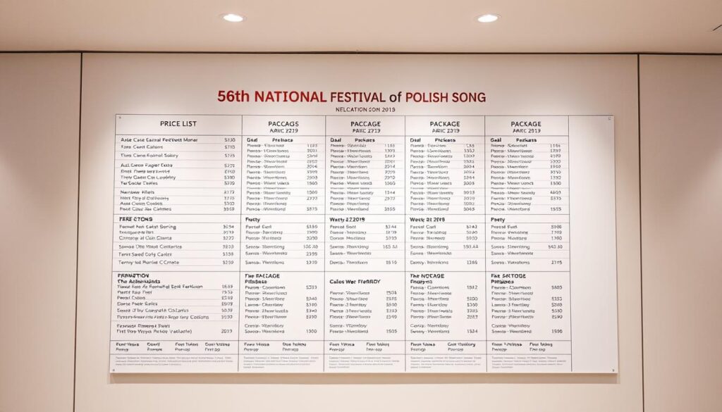 A detailed price list for the 56th National Festival of Polish Song, showcased on a sleek, minimalist backdrop. The priceboard features a modern, clean typography, neatly organized into distinct sections for various ticket types and packages. The lighting is soft and evenly distributed, creating a professional, yet approachable atmosphere. The camera angle is straight-on, providing a clear, unobstructed view of the priceboard. The overall composition exudes a sense of clarity and accessibility, making the information easy to comprehend at a glance.