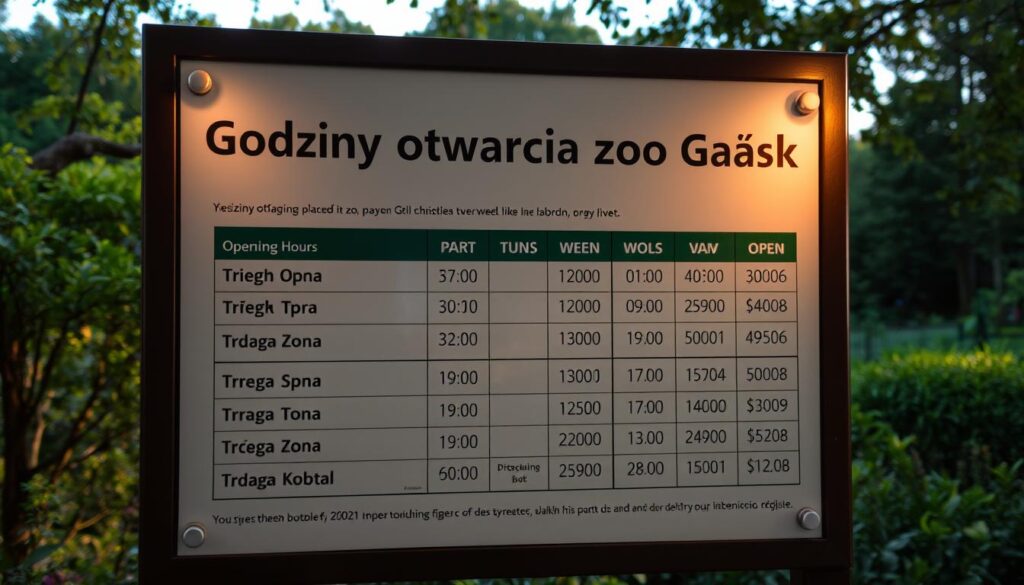 A detailed signage board displaying the operating hours and entry policies of the Gdańsk Zoo, illuminated by warm, natural lighting. The board features a prominent title, "Godziny otwarcia zoo Gdańsk", alongside a clear, easy-to-read schedule of opening and closing times for various days of the week. The background showcases a lush, green landscape, hinting at the vibrant natural environment of the zoo. The overall composition conveys a sense of welcoming and informative atmosphere, inviting visitors to plan their zoo experience.