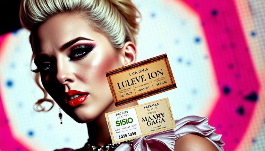 A glamorous concert poster featuring a close-up portrait of Lady Gaga against a vibrant, textured background. In the foreground, Gaga's face is illuminated with dramatic lighting, her bold makeup and hairstyle commanding attention. The middle ground showcases a series of elegant, stylized concert ticket designs in various pricing tiers, each with distinct colors and patterns that convey a sense of luxury and exclusivity. The background features a blurred, abstract pattern of shapes and lines, evoking the energy and atmosphere of a live performance. The overall composition is visually striking, reflecting the high-production values and spectacle of a Lady Gaga concert.
