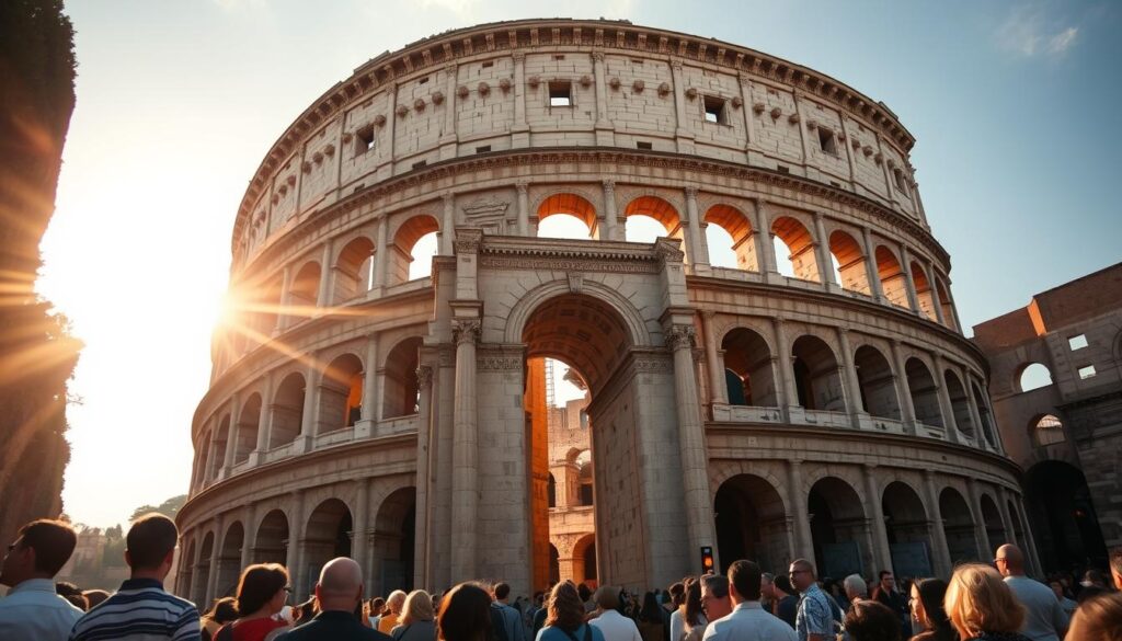 A grand archway of the iconic Colosseum in Rome, illuminated by warm, golden sunlight filtering through the sky. The ancient stone facade stands tall, its intricate architectural details and weathered textures captured in meticulous detail. In the foreground, a group of tourists gathers, their expressions of awe and wonder visible as they admire the historic landmark. The scene conveys a sense of timelessness, where the present and the past coexist seamlessly. The image should provide a clear visual representation of the cost of a ticket to visit this renowned Roman monument.