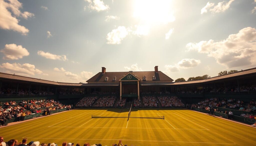 A grand arena under a sun-dappled sky, the iconic Wimbledon courts stretch out in the foreground. In the middle ground, a crowd of eager spectators surround the pristine grass, buzzing with anticipation. In the background, the stately Wimbledon clubhouse stands tall, its classic architecture a testament to the tournament's storied history. The scene is imbued with a sense of exclusivity and prestige, hinting at the challenge of securing a coveted ticket to witness the finals of this prestigious event. Lighting is natural and warm, casting a golden glow over the entire scene, capturing the thrill and grandeur of this iconic tennis tournament.