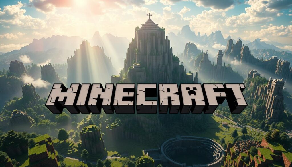 A grand, cinematic movie poster for the highly anticipated Minecraft film premiere. A towering, detailed landscape of the iconic Minecraft world fills the frame, with blocky hills, forests, and structures rendered in a vibrant, textural style. In the foreground, the movie's title hovers in a bold, dimensional font, casting dynamic shadows across the scene. Dramatic lighting creates a sense of grandeur and adventure, with beams of sunlight piercing through clouds. The overall composition conveys the epic scale and immersive atmosphere of the Minecraft universe, hinting at the thrilling journey audiences will experience in the film.