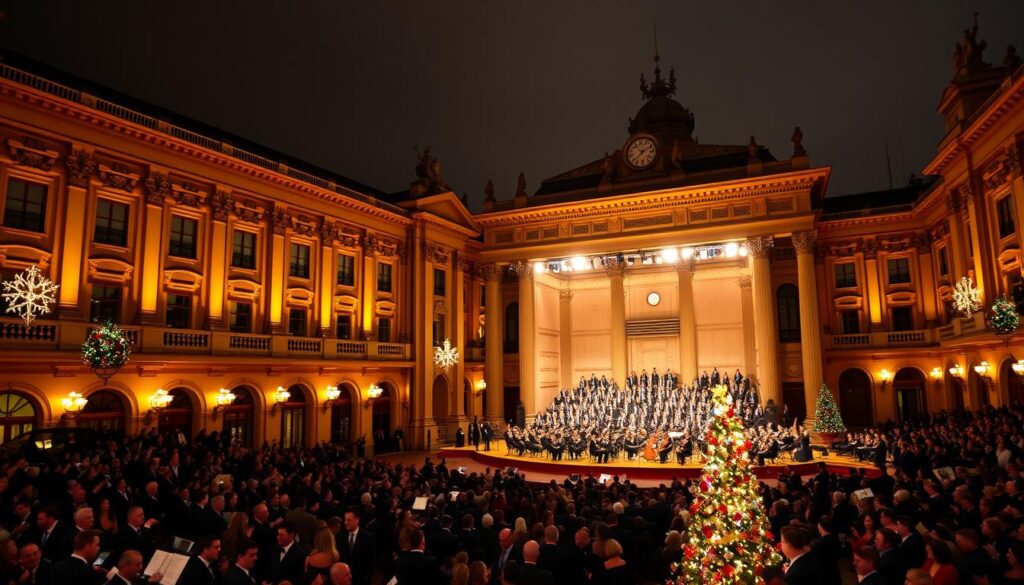 A grand concert hall in Vienna, Austria, during the New Year's celebration. The ornate façade of the building is illuminated by warm, golden lighting, casting a festive glow onto the surrounding plaza. The interior is filled with a sea of elegant attendees, dressed in their finest attire, as they gather to experience the renowned Vienna New Year's Concert. The stage is set with a majestic orchestra, ready to perform the timeless classical compositions that have become a cherished tradition. The atmosphere is one of refined elegance, cultural heritage, and the anticipation of a new year filled with musical splendor.
