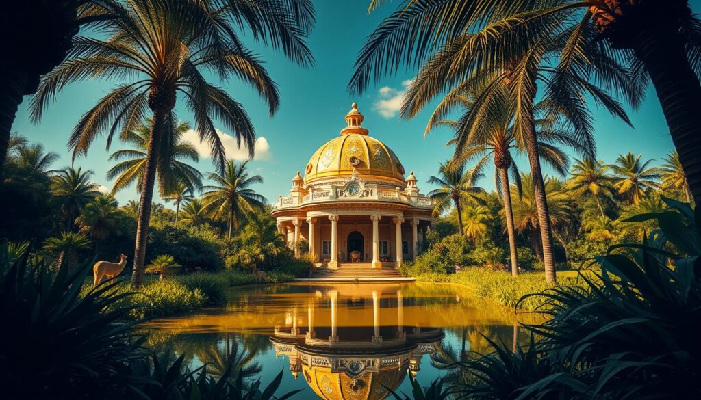 A grand, ornate structure with intricate architectural details and vibrant colors stands in the center of a lush, verdant landscape. The Orientarium's iconic domed roof glistens in the warm, golden sunlight, casting a reflection in the tranquil pond below. Majestic palm trees sway gently in the breeze, framing the scene with a tropical ambiance. Exotic animals peer out from behind the surrounding foliage, adding to the immersive, nature-infused atmosphere. The entire composition conveys a sense of wonder, inviting visitors to explore the captivating, otherworldly realm of the Orientarium.