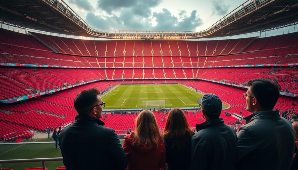 A grand soccer stadium, its vast expanse bathed in the warm glow of the setting sun. Rows of plush, crimson seats stretch out before a lush, meticulously maintained pitch. In the foreground, a group of fans animatedly discuss the upcoming Champions League final, their expressions a mix of anticipation and contemplation as they consider the various factors that influence the price of a ticket - the global prestige of the event, the high demand, the caliber of the teams involved, the exclusive nature of the venue. The atmosphere is one of excitement and civic pride, with the stadium's ornate architecture and the bustling energy of the crowd creating a sense of occasion and grandeur.