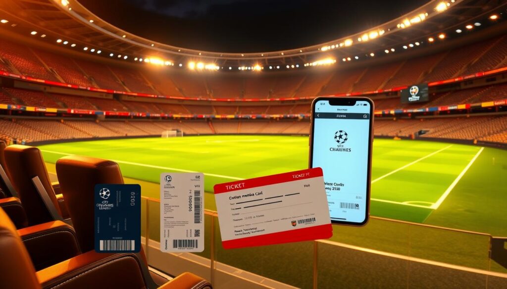 A grand stadium with a lush green pitch, bathed in warm, golden lighting. In the foreground, a VIP seating area features plush, leather chairs and a sleek, modern design. In the middle ground, a variety of ticket types are displayed: a plastic membership card, a physical ticket stub, and a digital e-ticket on a smartphone screen. The background showcases the majestic architecture of the stadium, with towering grandstands and a dazzling array of spotlights illuminating the scene. The overall atmosphere conveys the prestige and excitement of the UEFA Champions League final event.