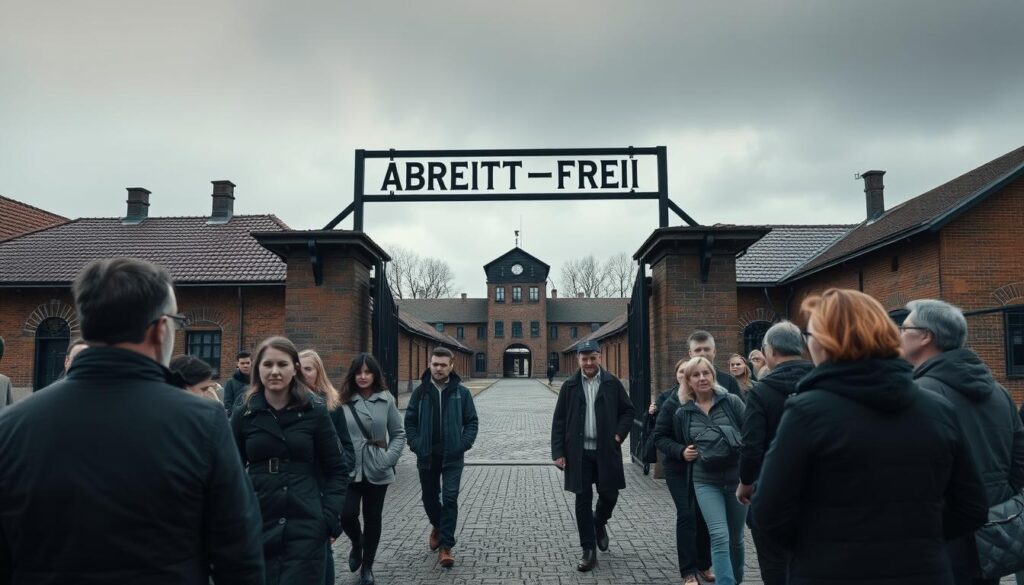A guided tour of Auschwitz, the notorious WWII concentration camp, captured in a somber, documentary-style image. A small group of visitors led by a tour guide solemnly walks through the camp's iconic entrance gate, "Arbeit Macht Frei," against a backdrop of the well-preserved brick buildings and the somber, overcast sky. The visitors' expressions convey a sense of reverence and somber contemplation as they immerse themselves in the site's profound historical significance. The lighting is natural, with soft, diffused tones that reinforce the gravity of the scene. The camera angle is slightly elevated, providing a panoramic view that emphasizes the scale and impact of this harrowing historical location.
