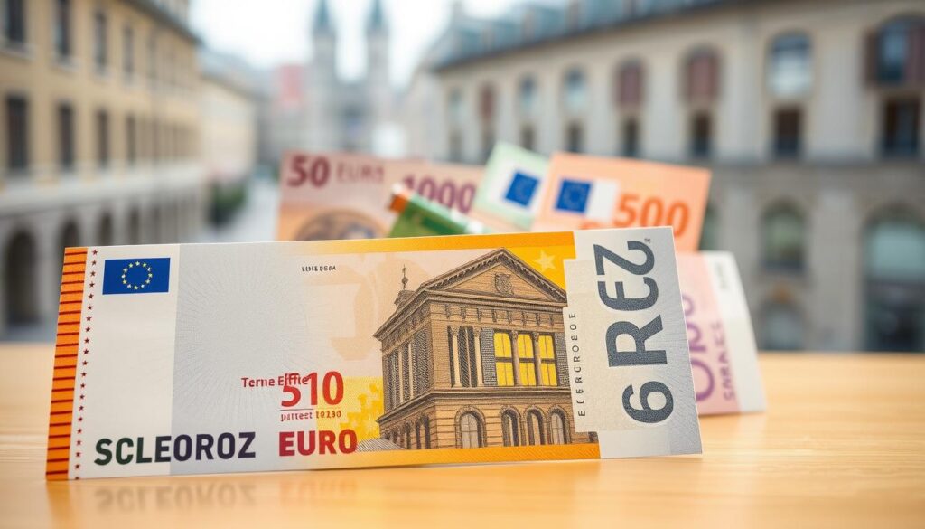 A high-quality Euro ticket displayed in the foreground, with a detailed close-up showcasing the various security features, intricate designs, and denomination prominently visible. In the middle ground, a collection of different Euro banknotes arranged in a visually appealing composition, highlighting the diversity of the single European currency. The background features a softly blurred cityscape or financial district, conveying a sense of the broader economic and financial context in which the Euro is used. The lighting is natural and warm, creating a sense of sophistication and authority. The overall mood is one of professionalism, trustworthiness, and the importance of the Euro as a unifying financial instrument across the European Union.