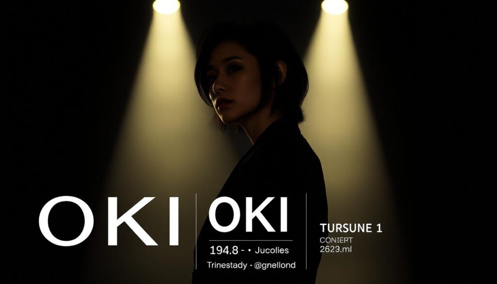 A high-quality concert poster featuring an elegant and striking portrait of the musician Oki, set against a backdrop of a dimly lit performance venue. The lighting casts dramatic shadows, creating a moody and atmospheric ambiance. The poster prominently displays the upcoming concert dates and locations in a clean, modern typographic layout, using a minimalist design approach that allows the central image to take center stage. The overall composition conveys a sense of anticipation and excitement for the musical events, inviting the viewer to discover more about Oki's live performances.