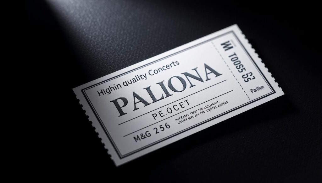 A high-quality concert ticket for Paliona's M&G event, presented on a dark background with a subtle spotlight illumination. The ticket features an intricate, metallic-toned design with Paliona's name and event details embossed in a sleek, modern font. The layout conveys a sense of exclusivity and premium experience, with a minimalist yet elegant aesthetic. The ticket is the focal point, slightly angled to create depth and visual interest. The background is dimly lit, emphasizing the ticket's prominence and the anticipation surrounding this exclusive opportunity to meet the artist.