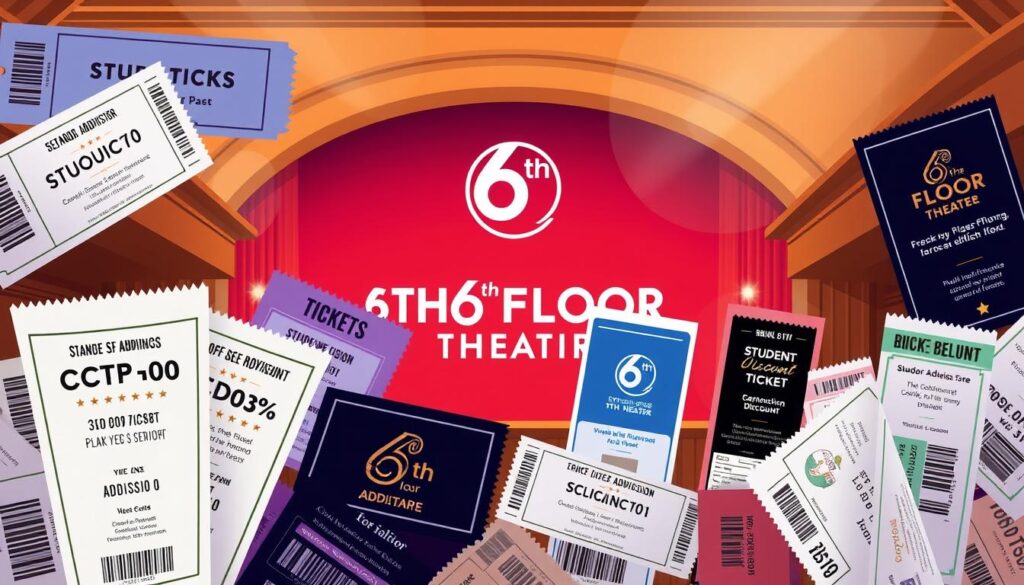 A high-quality, detailed illustration of various types of tickets and admission passes for the 6th Floor Theater. The foreground showcases a diverse selection of ticket designs, including standard admission tickets, student/senior discounts, and special event passes. The middle ground depicts the theater's logo and branding, presented in a clean, elegant manner. The background features a warm, inviting color palette, evoking the sophisticated atmosphere of the performance venue. The lighting is soft and natural, highlighting the intricate details of the ticket designs. The overall composition is balanced and visually striking, capturing the essence of the theater's ticketing options.