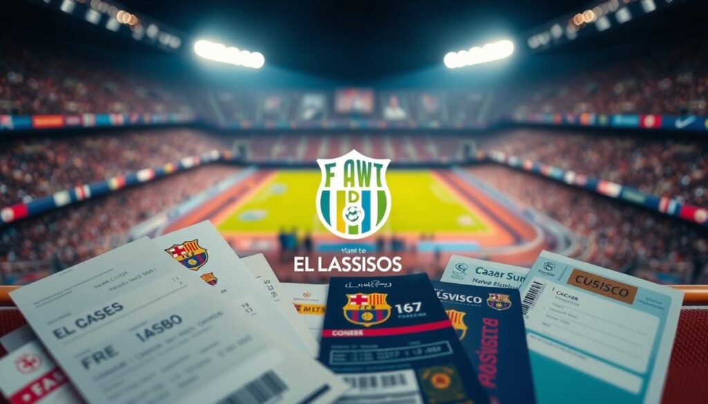 A high-quality, detailed image showcasing travel packages and tickets for the El Clasico football match. In the foreground, an assortment of airplane tickets, hotel vouchers, and event passes are neatly arranged, with a focus on the branding and design elements. The middle ground features a sleek, modern travel agency logo or website interface, hinting at the ease of booking these comprehensive packages. In the background, a blurred stadium scene captures the excitement and atmosphere of the iconic El Clasico match, with the iconic team colors and crests visible. The lighting is soft and inviting, creating a sense of anticipation and exclusivity. The overall composition conveys the convenience and desirability of these curated travel experiences for the prestigious football event.
