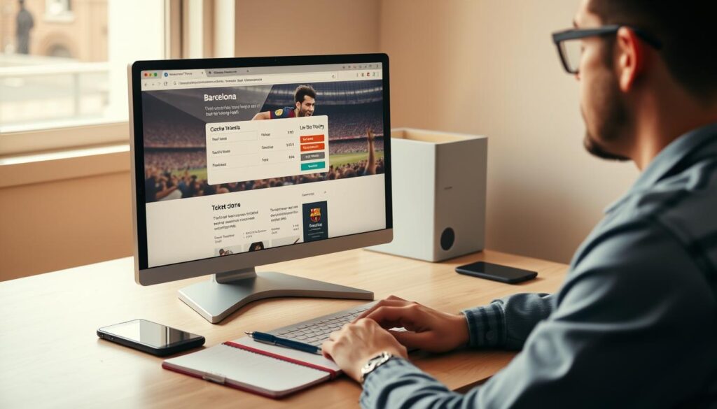 A high-resolution image of a person sitting at a desk, computer screen in front of them, focused on the process of purchasing a ticket for a Barcelona soccer match. The screen displays a ticket purchasing website with clear call-to-action buttons and a simple, user-friendly interface. The desk is neat and organized, with a mobile phone, notebook, and pen nearby, suggesting a methodical approach to the task. Warm, natural lighting illuminates the scene, creating a calm and professional atmosphere. The overall composition conveys the step-by-step nature of the online ticket purchasing process. A high-resolution image of a person sitting at a desk, computer screen in front of them, focused on the process of purchasing a ticket for a Barcelona soccer match. The screen displays a ticket purchasing website with clear call-to-action buttons and a simple, user-friendly interface. The desk is neat and organized, with a mobile phone, notebook, and pen nearby, suggesting a methodical approach to the task. Warm, natural lighting illuminates the scene, creating a calm and professional atmosphere. The overall composition conveys the step-by-step nature of the online ticket purchasing process.