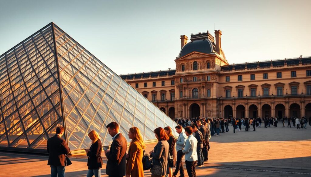 A high-resolution photograph of the Louvre Museum entrance, showcasing the iconic glass pyramid in the foreground. The scene is bathed in warm, golden afternoon light, casting dramatic shadows across the elegant architecture. In the middle ground, a group of people queue patiently to purchase their museum tickets online, their faces illuminated by the glow of their smartphones. The background features the majestic Louvre Palace, its ornate facade and spires creating a regal, timeless atmosphere. The overall composition evokes a sense of anticipation and cultural exploration, inviting the viewer to embark on a journey through one of the world's most renowned art institutions.