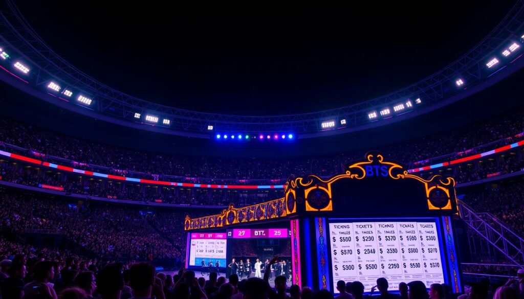 A large concert arena, the stage illuminated by vibrant, colorful lights. In the foreground, an elaborate ticket booth with various seating options and pricing displayed. The ticket booth is surrounded by a crowd of eager fans, their expressions of excitement and anticipation palpable. In the background, the silhouettes of the stadium's towering structure and the night sky create a sense of scale and atmosphere. The overall scene conveys the excitement and anticipation of attending a highly anticipated BTS concert, with the ticket booth as the focal point, highlighting the cost of admission.