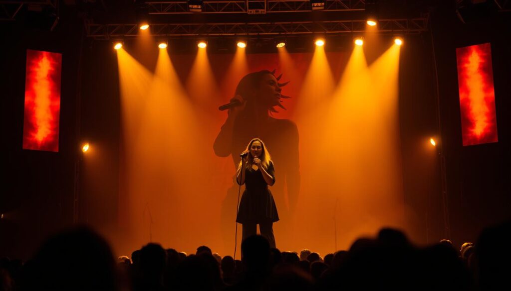 A large concert stage with a striking backdrop featuring the silhouette of a female singer. The stage is illuminated by warm, golden lighting, creating a soft, atmospheric ambiance. The singer, Sylwia Grzeszczak, stands center stage, her microphone in hand and her expression projecting a sense of passion and connection with the audience. The audience is visible in the foreground, their silhouettes blurred, conveying the energy and excitement of the performance. The overall scene evokes the feeling of an intimate, high-energy live music event, reflecting the "było sobie marzenie" tour. A large concert stage with a striking backdrop featuring the silhouette of a female singer. The stage is illuminated by warm, golden lighting, creating a soft, atmospheric ambiance. The singer, Sylwia Grzeszczak, stands center stage, her microphone in hand and her expression projecting a sense of passion and connection with the audience. The audience is visible in the foreground, their silhouettes blurred, conveying the energy and excitement of the performance. The overall scene evokes the feeling of an intimate, high-energy live music event, reflecting the "było sobie marzenie" tour.