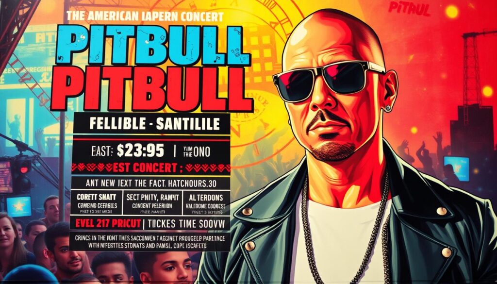 A large, eye-catching concert poster depicting Pitbull, the renowned American rapper, against a vibrant, dynamic background. In the foreground, Pitbull's charismatic portrait commands attention, his confident expression and stylish attire suggesting the energy and excitement of his live performances. The middle ground features detailed event information, including the concert date, venue, and ticket pricing, presented in a clear, easy-to-read layout. The background showcases a lively, urban setting, perhaps with cityscape elements or rhythmic visual motifs that complement the musical theme. The overall composition should convey a sense of anticipation and the thrill of attending a Pitbull concert, making it an engaging and informative illustration for the article section. A large, eye-catching concert poster depicting Pitbull, the renowned American rapper, against a vibrant, dynamic background. In the foreground, Pitbull's charismatic portrait commands attention, his confident expression and stylish attire suggesting the energy and excitement of his live performances. The middle ground features detailed event information, including the concert date, venue, and ticket pricing, presented in a clear, easy-to-read layout. The background showcases a lively, urban setting, perhaps with cityscape elements or rhythmic visual motifs that complement the musical theme. The overall composition should convey a sense of anticipation and the thrill of attending a Pitbull concert, making it an engaging and informative illustration for the article section.
