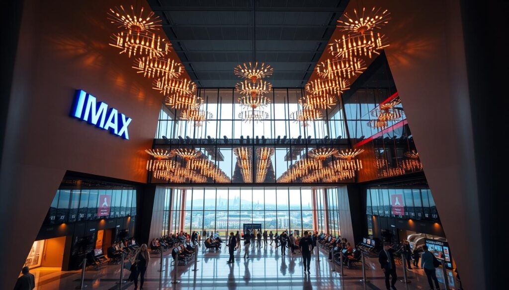 A large, modern IMAX cinema complex stands prominently in the heart of a bustling Polish cityscape. The building's sleek, angular architecture, adorned with the iconic IMAX logo, commands attention. Inside, the spacious lobby is filled with movie-goers eagerly awaiting their IMAX experience. Overhead, a dazzling array of lighting fixtures casts a warm, inviting glow, setting the stage for the immersive, larger-than-life viewing experience to come. In the distance, the city's skyline and landmarks can be seen through the expansive glass walls, creating a seamless integration between the theater and the vibrant urban environment.
