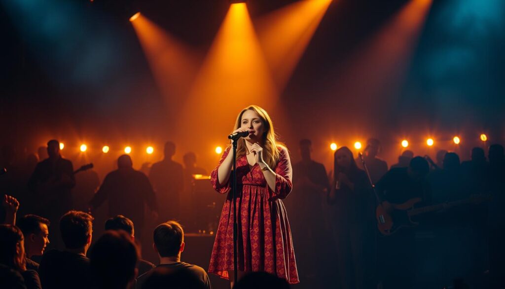 A live performance of Young Leosia, the rising Polish singer-songwriter, on a dimly lit stage. In the foreground, Leosia stands center stage, microphone in hand, her expressive face illuminated by warm, golden lighting. The middle ground features her talented backing band, playing various instruments with passion and energy. The background depicts a crowd of enthusiastic fans, their silhouettes visible against a blurred, atmospheric backdrop, creating a sense of intimacy and connection. The composition captures the dynamic and immersive atmosphere of a Young Leosia concert, showcasing her captivating stage presence and the unique sound that has captivated audiences across Poland.