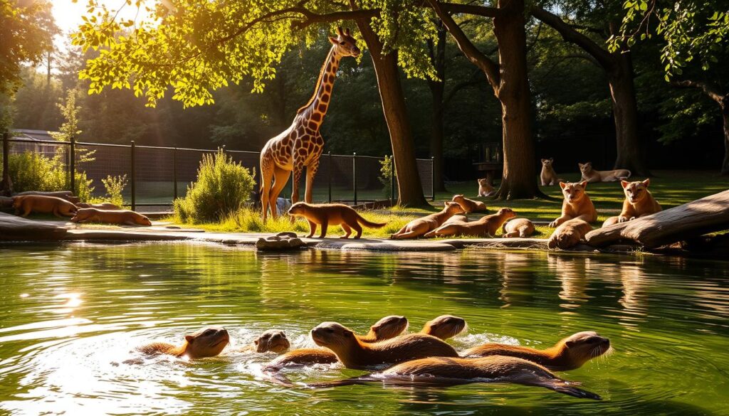 A lush, verdant zoo enclosure in Chorzów, Poland, bathed in warm, golden afternoon sunlight. In the foreground, a family of playful otters frolicking in a crystal-clear pond, their sleek fur glistening. In the middle ground, a towering giraffe gracefully nibbles on leafy tree branches, its long neck silhouetted against the bright sky. Further back, a pride of majestic lions rests in the shade, their regal forms exuding a sense of power and tranquility. The atmosphere is one of peaceful coexistence, inviting the viewer to immerse themselves in the wonder of this well-curated zoo experience.