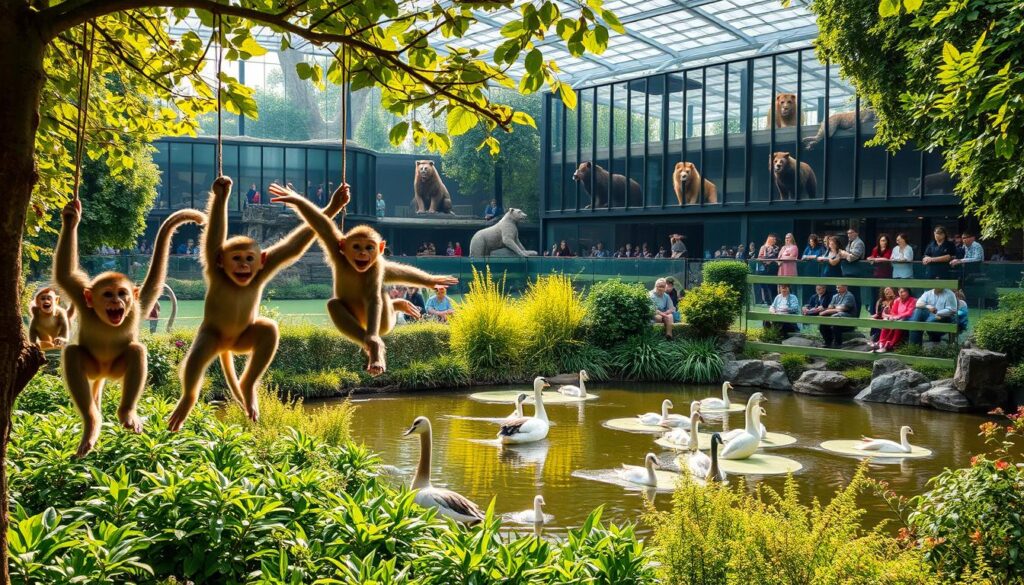 A lush, verdant zoo in Gdansk, Poland, filled with vibrant displays of exotic wildlife. In the foreground, a family of playful monkeys swinging from tree branches, their joyful expressions capturing the wonder of the visitors. In the middle ground, a serene pond surrounded by lush foliage, with graceful waterfowl gliding across the surface. In the background, towering enclosures housing majestic lions, tigers, and bears, observed by awestruck onlookers through immersive glass panels. Warm, natural lighting bathes the scene, creating a sense of harmony and tranquility. The image conveys the captivating and educational experiences visitors can expect at the Gdansk Zoo, a must-see attraction for anyone exploring the city.