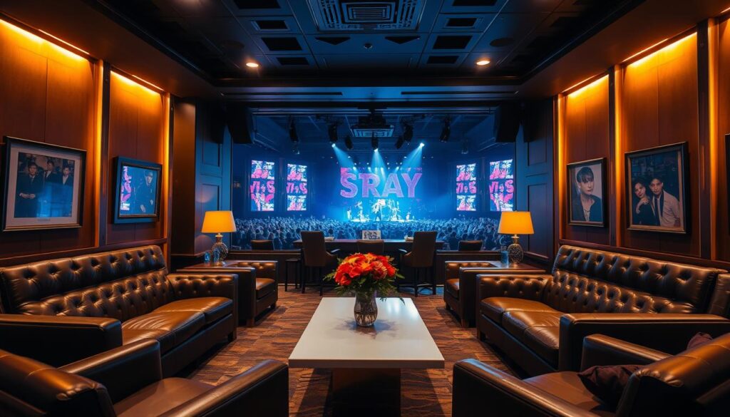 A luxurious VIP lounge at a Stray Kids concert, bathed in warm, golden lighting. Plush leather couches and armchairs are arranged in a semicircle, creating an intimate, exclusive atmosphere. In the center, a sleek, modern coffee table is adorned with a vase of fresh flowers. The walls are lined with framed photos and memorabilia, showcasing the band's journey. Large windows offer a panoramic view of the concert stage, allowing VIP guests to enjoy the performance in style. The space exudes a sense of exclusivity and VIP experience, catering to the most devoted Stray Kids fans.