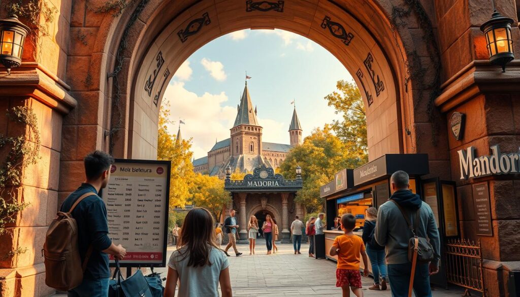 A majestic stone archway stands tall, inviting visitors to the enchanting realm of Mandoria. In the foreground, a family of four examines a placard displaying the ticket prices - adults, children, and group discounts meticulously detailed. The middle ground features a bustling ticket booth, attendants greeting guests and processing transactions with efficiency. In the background, lush foliage and towering castle spires hint at the wonders that await beyond the entrance. Warm, golden lighting casts a welcoming glow, instilling a sense of excitement and anticipation. This image captures the essence of the "Ceny biletów Mandoria" section, showcasing the accessible and family-friendly pricing structure that makes Mandoria an enticing destination. A majestic stone archway stands tall, inviting visitors to the enchanting realm of Mandoria. In the foreground, a family of four examines a placard displaying the ticket prices - adults, children, and group discounts meticulously detailed. The middle ground features a bustling ticket booth, attendants greeting guests and processing transactions with efficiency. In the background, lush foliage and towering castle spires hint at the wonders that await beyond the entrance. Warm, golden lighting casts a welcoming glow, instilling a sense of excitement and anticipation. This image captures the essence of the "Ceny biletów Mandoria" section, showcasing the accessible and family-friendly pricing structure that makes Mandoria an enticing destination.