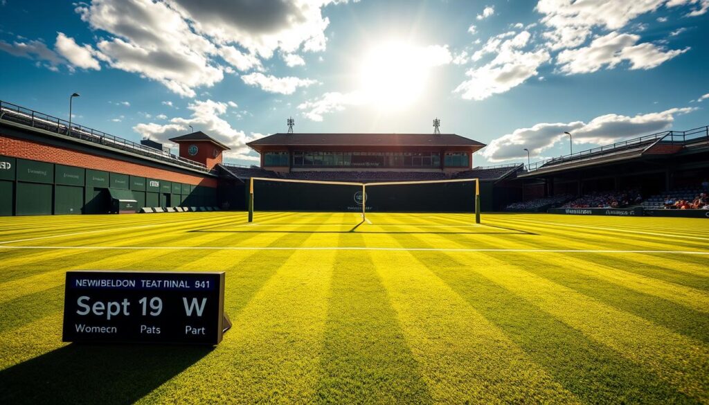 A manicured grass tennis court under a bright, sun-dappled sky. At the center, the iconic Wimbledon net and posts, casting long shadows. In the foreground, a digital calendar display shows the dates of the Wimbledon men's and women's finals. The background features the historic Wimbledon stadium architecture, with its timeless red-brick facades and iconic green-and-purple color scheme. The overall atmosphere exudes the prestigious, timeless elegance of this prestigious Grand Slam tournament.