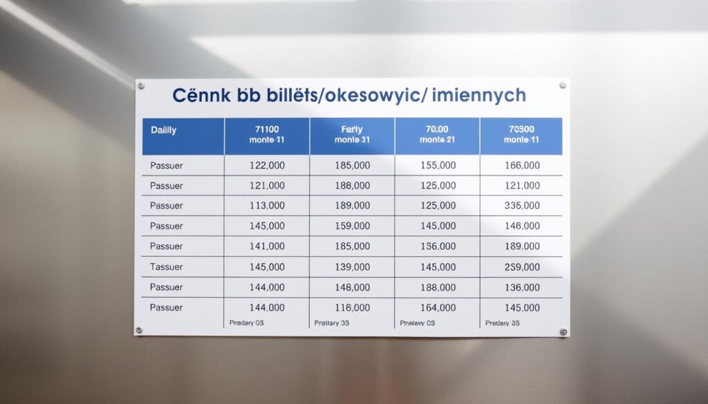 A meticulously designed price list for recurring, personalized tickets, presented on a sleek, modern backdrop. The layout features a clean, minimalist grid showcasing the various fare options, from daily to monthly passes, with clear pricing details. The overall aesthetic is professional and informative, designed to provide a comprehensive overview of the available ticket types and their associated costs. Soft, directional lighting accentuates the crisp typography and precise alignment, creating a visually appealing and easily digestible display of the "Cennik biletów okresowych imiennych" for the discerning public transportation user.