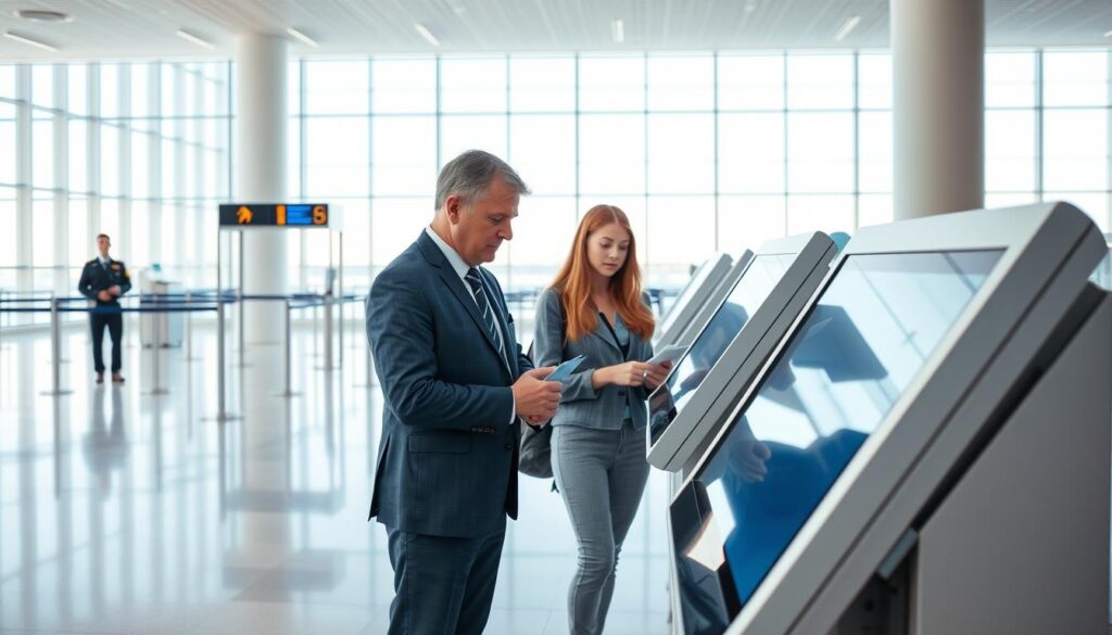 A modern airport terminal interior with people purchasing tickets at sleek self-service kiosks. The space is bright and airy, with large windows allowing natural light to stream in. The overall aesthetic is clean, minimalist, and high-tech, with a sense of security and efficiency. In the foreground, a middle-aged man in business attire is intently reviewing the touchscreen interface of a ticket kiosk, while a young woman in casual clothing waits patiently behind him. In the background, a uniformed security officer stands at a checkpoint, creating an atmosphere of safety and reliability. The scene conveys the idea of a seamless, hassle-free ticket purchasing experience.