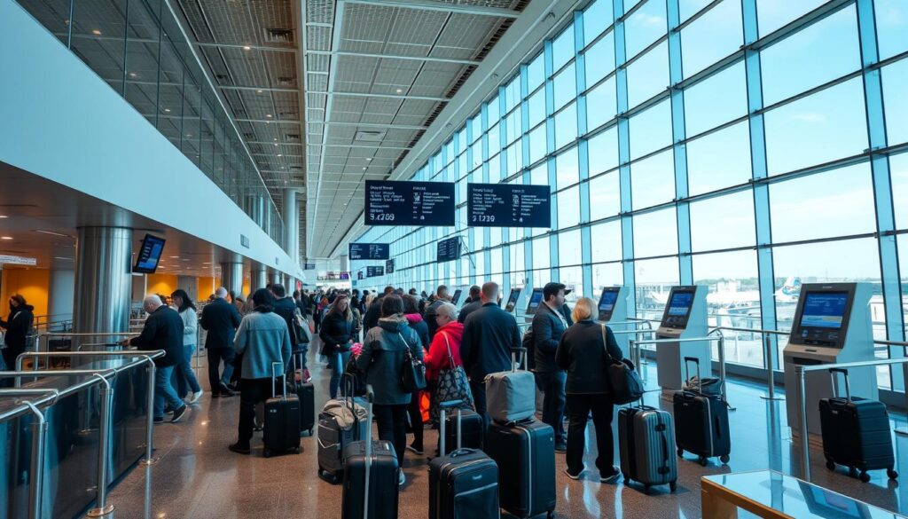 A modern airport terminal with floor-to-ceiling glass walls, allowing natural light to flood the space. Travelers queue at polished check-in counters, their luggage neatly organized as they prepare for their journeys. In the background, digital screens display flight information and gate numbers, while information kiosks stand ready to assist passengers. The atmosphere is one of efficiency and anticipation, as travelers eagerly await their flights to the bustling city of New York. Sleek, chrome-accented furnishings and minimalist design elements create a sophisticated, business-like ambiance, reflecting the importance of this crucial travel hub.