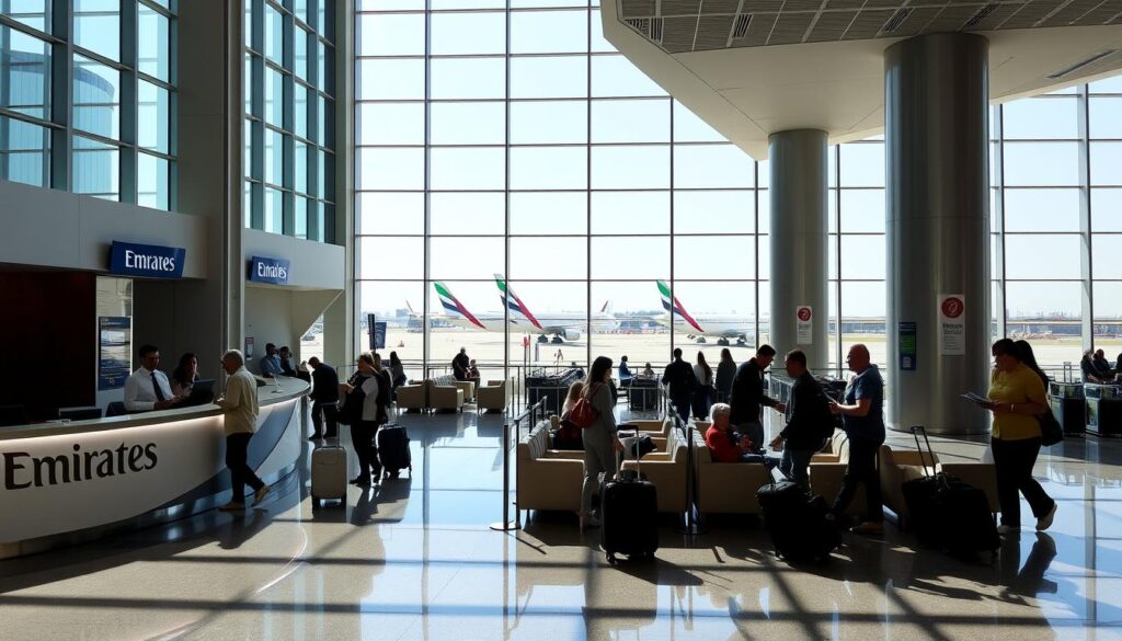 A modern airport terminal with high ceilings and abundant natural light. In the foreground, a sleek Emirates check-in counter with an elegant curved design and the airline's iconic logo. Travelers efficiently navigating the check-in process, their luggage in hand. The middle ground features a spacious seating area with comfortable chairs and passengers reviewing travel documents. In the background, floor-to-ceiling windows offer a panoramic view of the tarmac, where Emirates aircraft are visible, their distinctive livery gleaming in the sunlight. The scene conveys a sense of efficiency, comfort, and the excitement of international travel.