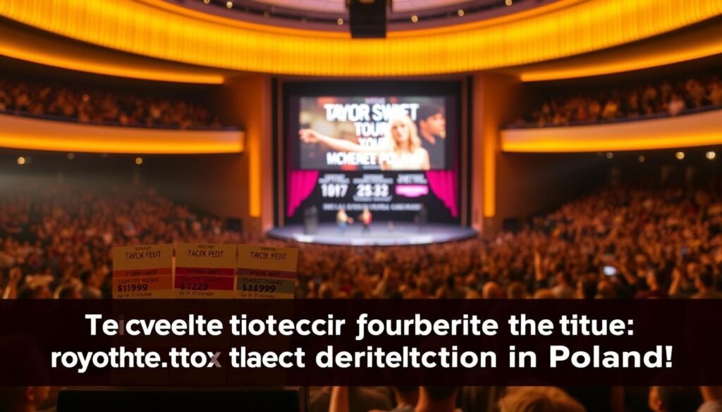 A modern concert hall interior, illuminated by warm, golden lighting. In the foreground, a display of various ticket packages for a Taylor Swift concert, with prices and purchase options clearly presented. The middle ground features a large screen or digital display showcasing the concert details, tour dates, and venue information. In the background, a crowd of eager fans, their faces filled with excitement and anticipation. The overall atmosphere conveys a sense of excitement and accessibility, with the prompt aimed at providing a comprehensive guide to purchasing tickets for the Taylor Swift concert in Poland.