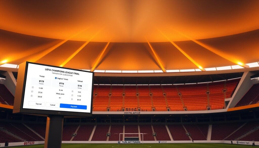 A modern, minimalist sports venue with a large digital display board prominently showcasing ticket purchasing options for the UEFA Champions League final match. The arena is bathed in warm, golden lighting, creating a sense of anticipation and excitement. In the foreground, a clean and intuitive UI interface displays various ticket categories, pricing, and purchase buttons, making it easy for fans to secure their spot at the prestigious event. The background features the stadium's exterior, with sleek architectural lines and a hint of the city skyline in the distance, conveying the grand scale and global significance of the match.