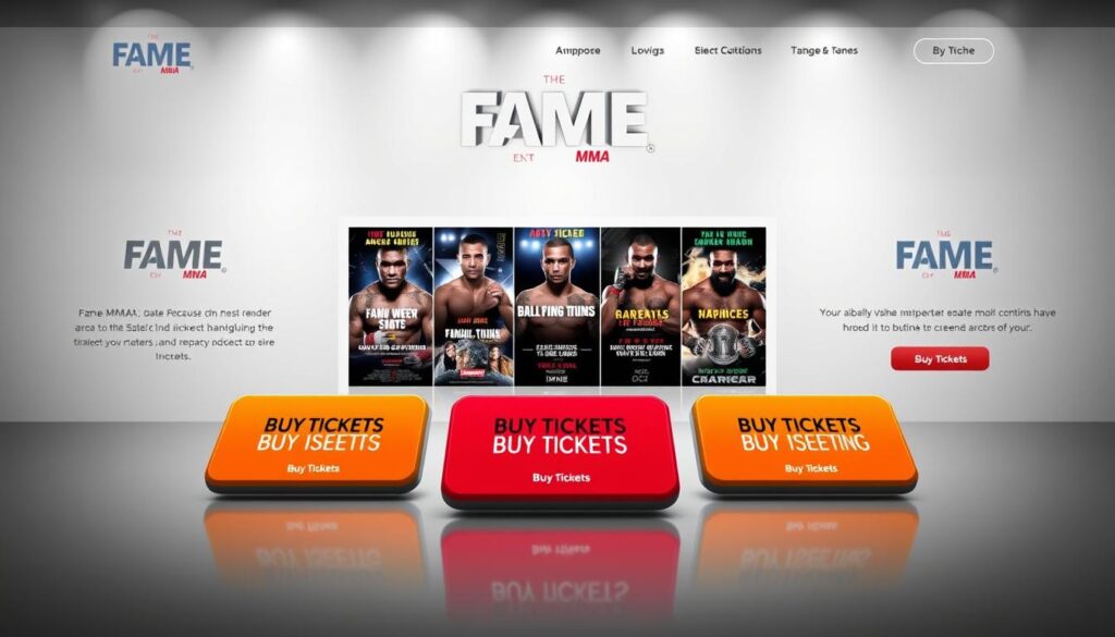 A modern, sleek website interface showcasing various ticket purchasing options for the popular MMA event, Fame MMA. The foreground features several prominent "Buy Tickets" buttons in vibrant colors, inviting the user to easily select their desired event and seating. The middle ground displays a grid of event posters, highlighting the high-profile fighters and matchups. The background subtly incorporates the event's branding, with clean typography and minimalist design elements creating a professional, trustworthy atmosphere. Soft, directional lighting accentuates the clean lines and draws the viewer's focus to the key purchasing actions. The overall composition conveys a sense of excitement and accessibility for fans seeking to secure their tickets to the upcoming Fame MMA spectacle.