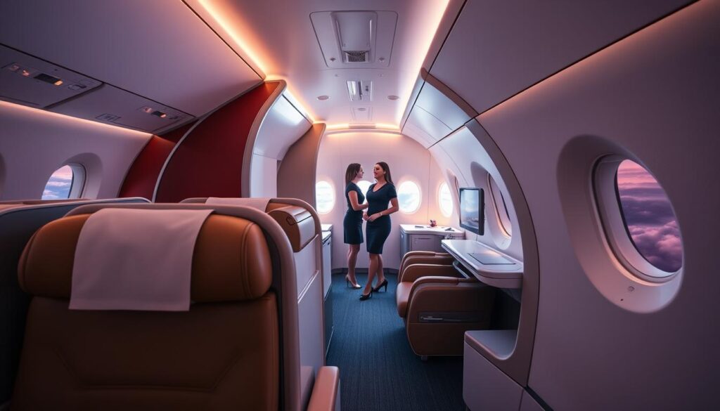 A modern, spacious business class cabin of an Emirates aircraft, bathed in soft, ambient lighting. In the foreground, a comfortable leather seat with ample legroom and a plush headrest. In the middle ground, the aisle leads to the galley, where flight attendants move gracefully. The background reveals the aircraft's sleek, curved architecture and the serene view of the clouds outside the oval-shaped windows. The overall atmosphere conveys a sense of sophisticated travel, with attention to detail and a commitment to passenger comfort.