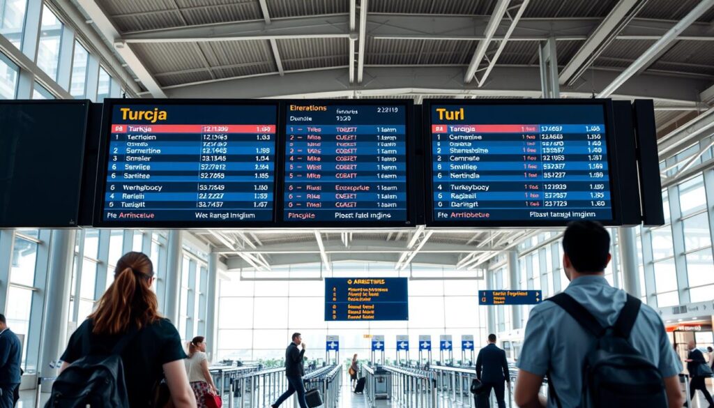 A modern, well-designed airport terminal with large windows and natural light. In the foreground, a group of travelers stand in front of a digital departure board displaying flight information to various destinations, including "Turcja" (Turkey). In the middle ground, sleek check-in counters and security checkpoints, conveying the efficient flow of international air travel. The background features architectural elements like high ceilings, metal accents, and clean, minimalist aesthetics. The overall scene exudes a sense of anticipation and the excitement of journeying to a foreign destination, capturing the factors that influence the cost of airline tickets to Turkey.