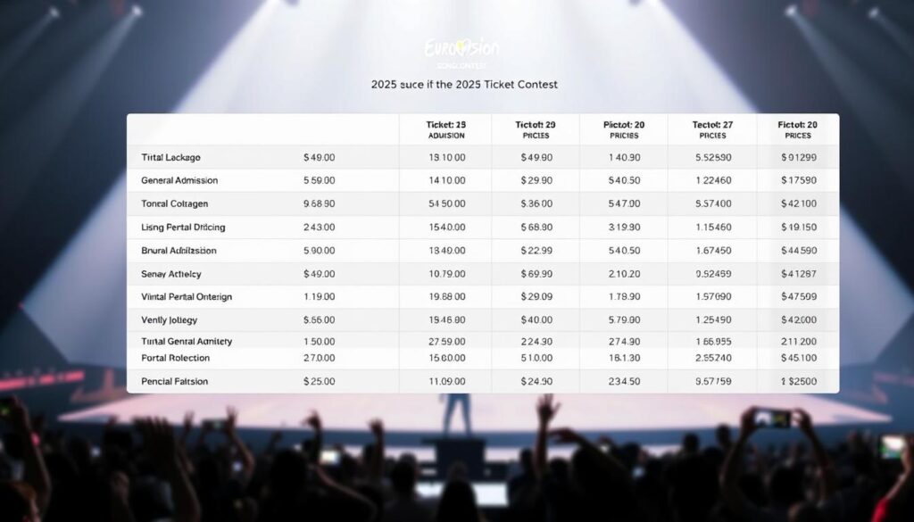 A neatly organized grid of ticket prices for the 2025 Eurovision Song Contest, displayed on a sleek, minimalist website. The foreground features bold, legible typography highlighting different ticket categories, from General Admission to VIP packages, with clear pricing information. The middle ground showcases a clean, uncluttered layout, allowing the pricing details to take center stage. The background presents a muted, blurred stage or venue silhouette, hinting at the grand spectacle of the event. The overall mood is professional, informative, and visually appealing, reflecting the authoritative and detailed nature of the pricing information. A neatly organized grid of ticket prices for the 2025 Eurovision Song Contest, displayed on a sleek, minimalist website. The foreground features bold, legible typography highlighting different ticket categories, from General Admission to VIP packages, with clear pricing information. The middle ground showcases a clean, uncluttered layout, allowing the pricing details to take center stage. The background presents a muted, blurred stage or venue silhouette, hinting at the grand spectacle of the event. The overall mood is professional, informative, and visually appealing, reflecting the authoritative and detailed nature of the pricing information.