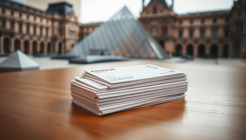 A neatly stacked pile of Louvre museum admission tickets on a sleek, minimalist wooden table, illuminated by soft, natural lighting. In the background, a blurred but recognizable silhouette of the iconic Louvre pyramid. The tickets are arranged in an orderly fashion, their crisp white surfaces contrasting with the warm, earthy tones of the table. The composition conveys a sense of efficiency, accessibility, and the anticipation of an enriching cultural experience at the renowned Louvre museum. A neatly stacked pile of Louvre museum admission tickets on a sleek, minimalist wooden table, illuminated by soft, natural lighting. In the background, a blurred but recognizable silhouette of the iconic Louvre pyramid. The tickets are arranged in an orderly fashion, their crisp white surfaces contrasting with the warm, earthy tones of the table. The composition conveys a sense of efficiency, accessibility, and the anticipation of an enriching cultural experience at the renowned Louvre museum.