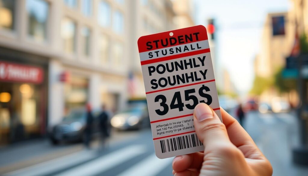 A photo of a student monthly bus pass against a blurred background of a city street. The pass is held in a hand, showcasing the design and details. The lighting is soft and natural, creating a warm, inviting atmosphere. The composition places the pass as the focal point, with the background providing a sense of context and urban setting. The image conveys the idea of affordable public transportation for students, with a focus on the cost and benefits of the monthly pass.
