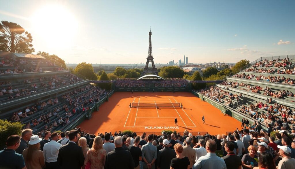 A picturesque scene of the Roland Garros tennis complex, bathed in warm afternoon sunlight. In the foreground, a group of spectators gather at the entrance, eagerly anticipating the start of the day's matches. The middle ground features the iconic clay courts, where players engage in intense rallies. In the background, the iconic Eiffel Tower and Parisian skyline provide a breathtaking backdrop. The atmosphere is one of anticipation and excitement, as the crowd eagerly waits to discover the cost of admission and secure their coveted tickets to the prestigious Grand Slam event.