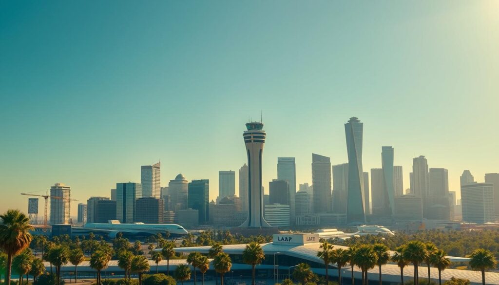 A pristine aerial view of the iconic Los Angeles skyline, bathed in warm, golden sunlight. The towering skyscrapers and palm trees create a stunning contrast against the clear, azure sky. In the foreground, a majestic LAX airport terminal stands tall, its sleek, modern architecture a testament to the city's global connectivity. The scene exudes a sense of excitement and anticipation, inviting the viewer to imagine the journey of traveling to this vibrant, cosmopolitan destination.