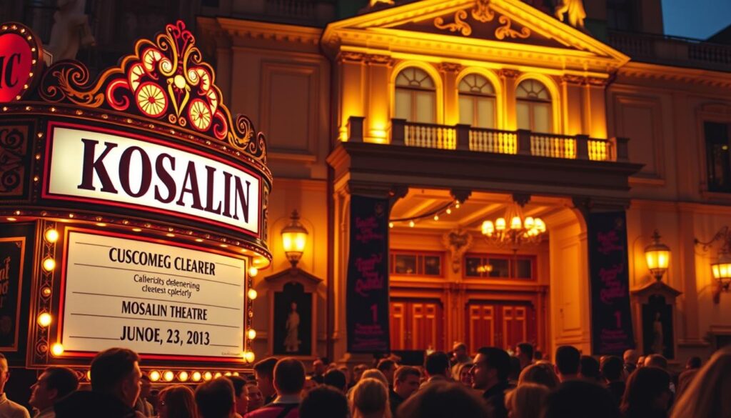 A richly detailed calendar showcasing the upcoming comedy performances at the Koszalin Theater. The foreground displays a large, ornate marquee with the theater's name prominently displayed, its lights softly illuminating the scene. In the middle ground, a crowd of people gather excitedly, capturing the anticipation of the upcoming shows. The background depicts the stately facade of the theater, its classic architecture bathed in warm, golden lighting that creates a welcoming, inviting atmosphere. The composition conveys a sense of tradition, culture, and the vibrant energy of the local comedy scene in Koszalin. A richly detailed calendar showcasing the upcoming comedy performances at the Koszalin Theater. The foreground displays a large, ornate marquee with the theater's name prominently displayed, its lights softly illuminating the scene. In the middle ground, a crowd of people gather excitedly, capturing the anticipation of the upcoming shows. The background depicts the stately facade of the theater, its classic architecture bathed in warm, golden lighting that creates a welcoming, inviting atmosphere. The composition conveys a sense of tradition, culture, and the vibrant energy of the local comedy scene in Koszalin.