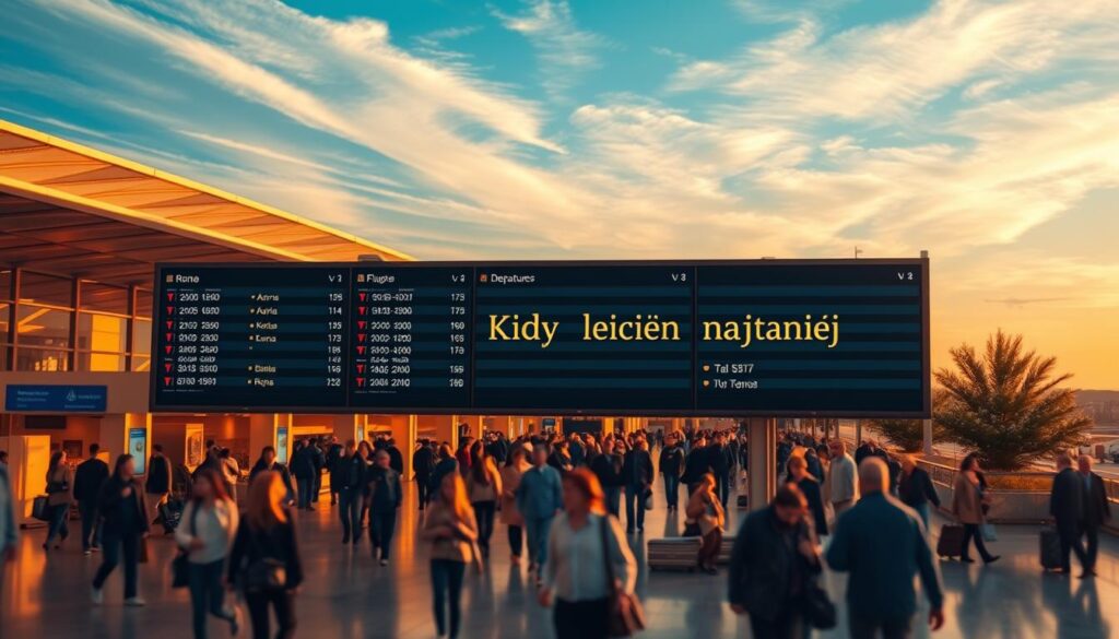 A scenic landscape featuring a bustling airport terminal in the foreground, with passengers hurrying to and fro. The terminal is bathed in warm, golden lighting, creating a cozy, inviting atmosphere. In the middle ground, a departures board displays flight times and destinations, highlighting "Rome" in a prominent position. In the background, a blue sky with wispy clouds sets the stage for the dynamic scene. The overall composition conveys the excitement and anticipation of planning the perfect time to travel, capturing the essence of the "Kiedy lecieć najtaniej" concept.