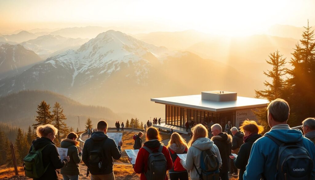 A scenic landscape of the Kasprowy Wierch mountain, bathed in warm, golden sunlight. In the foreground, a group of hikers are gathered, examining trail maps and discussing their options for purchasing tickets. The middle ground features the iconic cable car station, its sleek, modern architecture contrasting with the rugged, snow-capped peaks in the background. The atmosphere is one of adventure and anticipation, inviting viewers to imagine the stunning vistas and recreational opportunities that await those who make the journey to this renowned Polish destination. A scenic landscape of the Kasprowy Wierch mountain, bathed in warm, golden sunlight. In the foreground, a group of hikers are gathered, examining trail maps and discussing their options for purchasing tickets. The middle ground features the iconic cable car station, its sleek, modern architecture contrasting with the rugged, snow-capped peaks in the background. The atmosphere is one of adventure and anticipation, inviting viewers to imagine the stunning vistas and recreational opportunities that await those who make the journey to this renowned Polish destination.