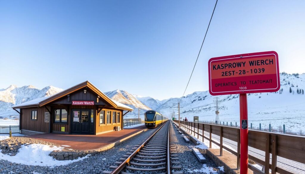 A scenic panoramic view of the Kasprowy Wierch railway station in the Polish Tatra Mountains. The station's facade is set against a backdrop of snow-capped peaks and a crisp, clear sky. The tracks lead up to the station, with a train waiting to depart. The station's signage displays the operating hours, providing visitors with crucial information about the railway's schedule. The scene exudes a sense of adventure and exploration, inviting viewers to plan their journey to the top of the Kasprowy Wierch. The lighting is soft and natural, with a warm glow that enhances the alpine atmosphere. The camera angle is positioned to capture the station's architecture and the stunning mountain landscape, creating a visually compelling and informative image.