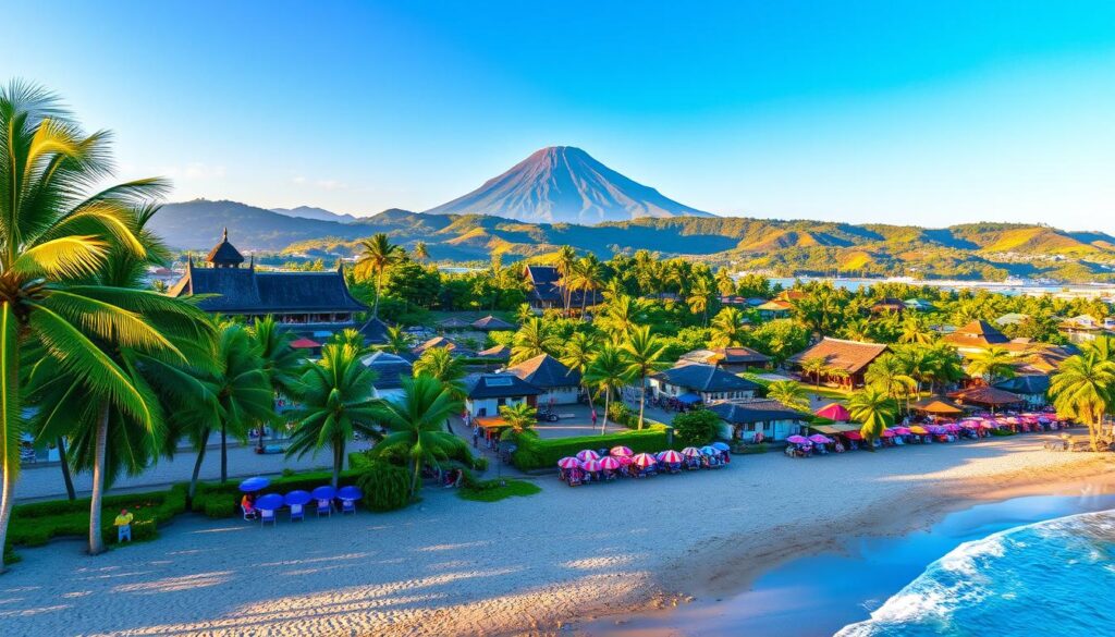 A serene Balinese landscape during the peak tourist season, bathed in warm, golden sunlight. In the foreground, a picturesque beach with swaying palm trees and vibrant, colorful umbrellas dotting the sand. In the middle ground, a bustling village with traditional Balinese architecture, its streets teeming with locals and visitors. In the background, lush, verdant hills and the silhouette of a sacred volcano, creating a breathtaking, idyllic scene. The entire composition conveys a sense of tranquility and the vibrant energy of Bali's high season, enticing viewers to book their next affordable flight to this tropical paradise.