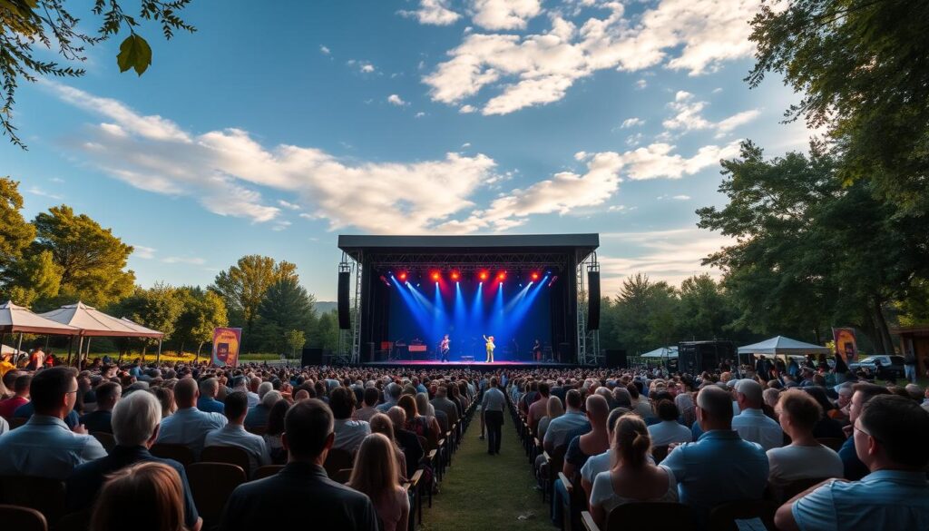 A serene outdoor concert venue, with a large stage set against a backdrop of lush greenery and a clear sky. Spotlights bathe the stage in a warm, inviting glow, while the audience gathers in comfortable seating, eagerly awaiting the performance of the beloved musical icon, Bambi. The scene conveys a sense of anticipation and wonder, capturing the excitement and atmosphere of a highly anticipated live event.